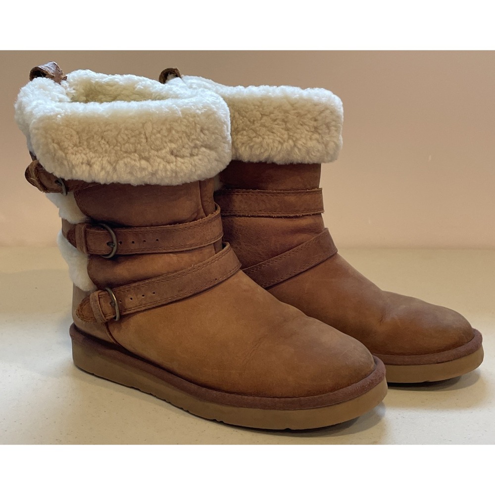 UGG Australia Beckett Boots Womens Size 7 Light Brown Suede Shearling Buckle - Picture 10 of 16